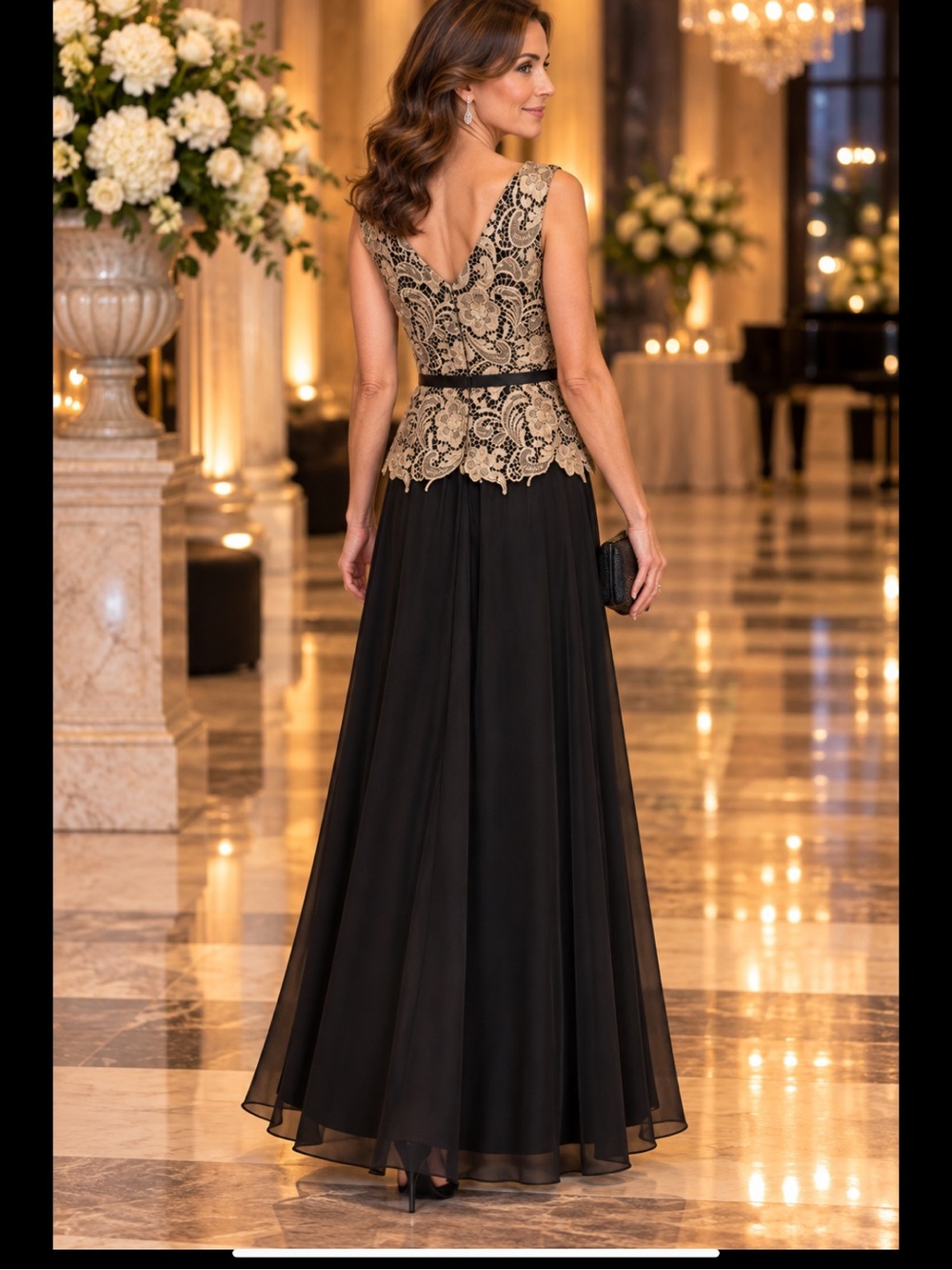 Alex Evenings Size 12 Black Gold Lace Formal Evening Gown 59” Long - Picture 6 of 14